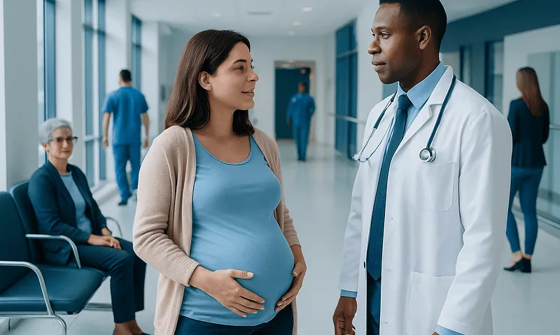 Pregnant woman consulting with a doctor in a hospital corridor.