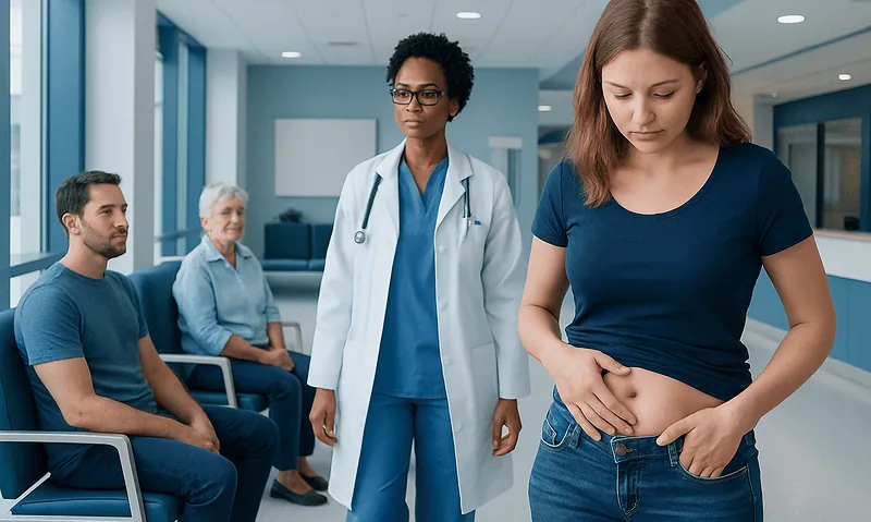 Young woman with infected belly piercing at hospital consultation.