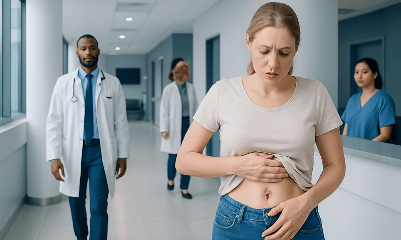 Young woman with stomach pain in hospital corridor with medical staff nearby.