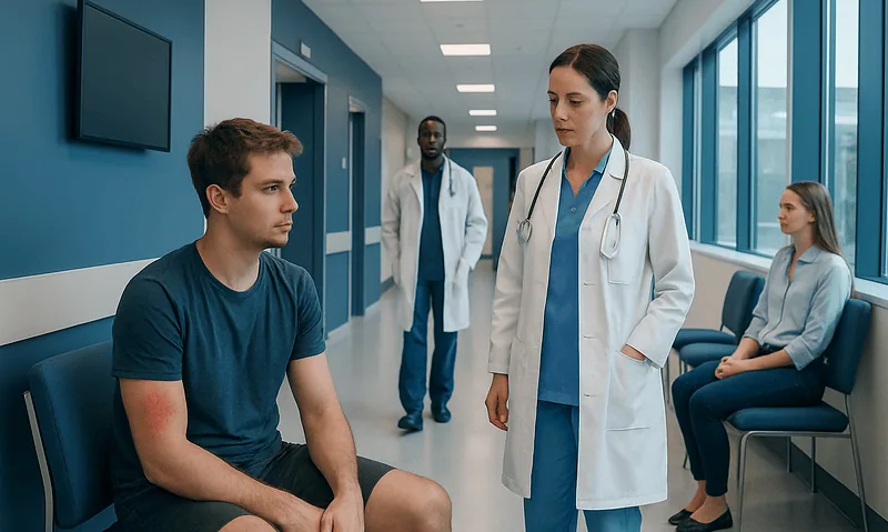 Young man with infected tattoo consulting a doctor in hospital corridor.
