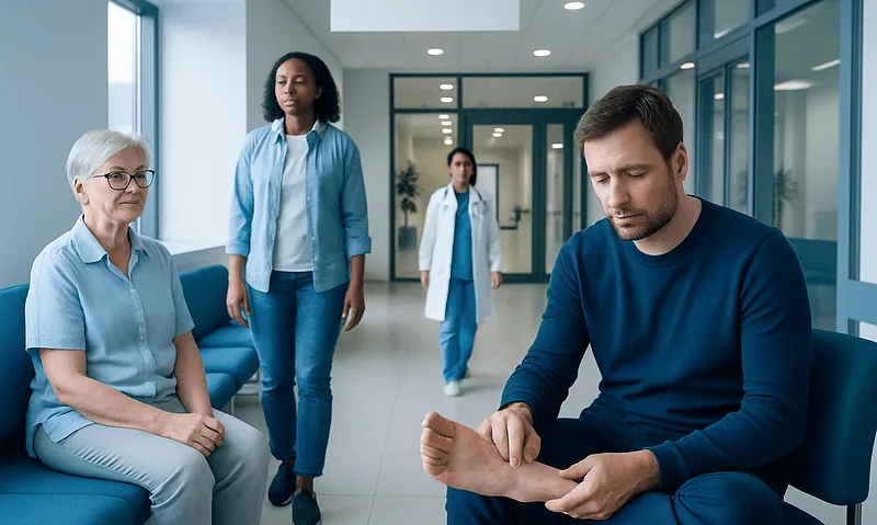 Patient with infected toe consulting with healthcare professionals in hospital.