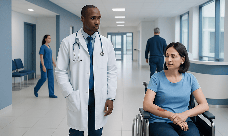 Doctor consulting a patient with a bandaged arm in hospital corridor.
