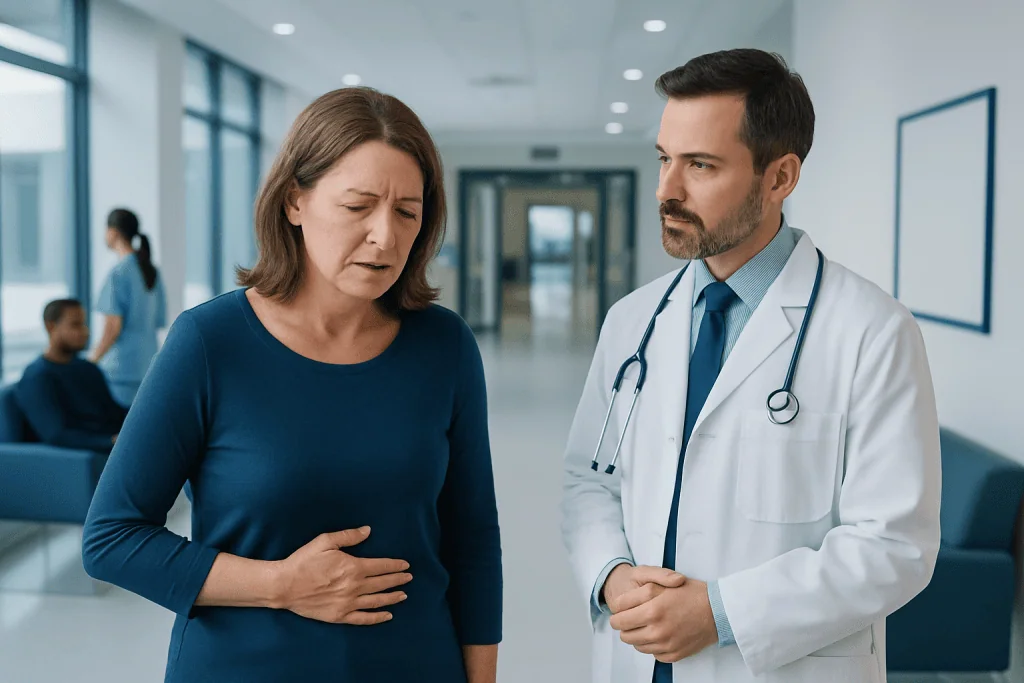 Inflamed Gallbladder: What Patients Need to Know 1 Patient experiencing abdominal pain consulting with doctor at hospital.