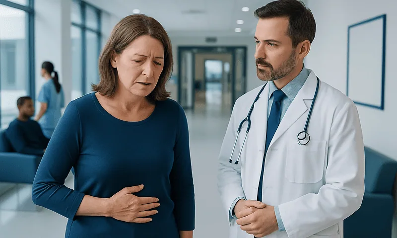 Patient experiencing abdominal pain consulting with doctor at hospital.