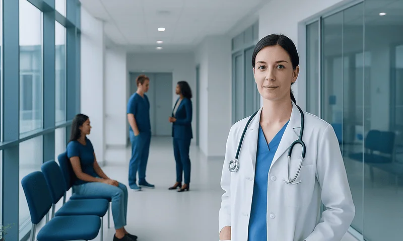 Medical professional in hospital corridor with patients in background.