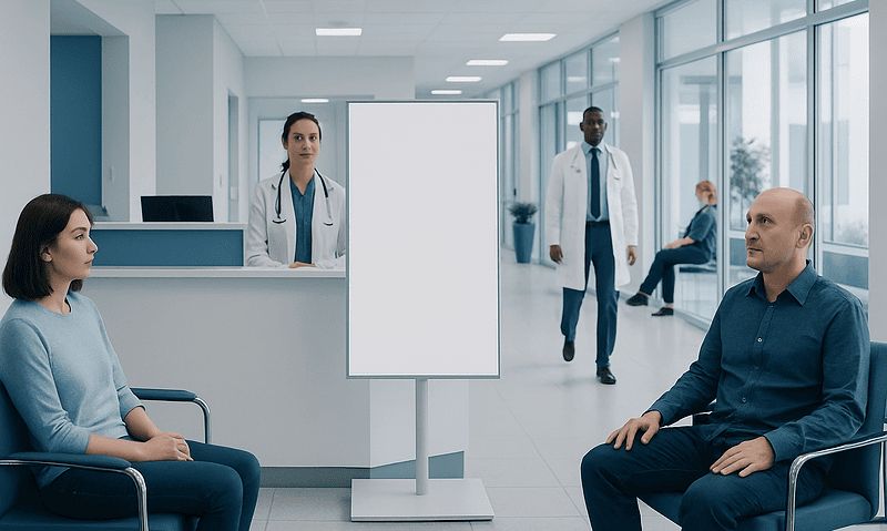 Medical consultation in a modern hospital waiting area with patients and staff.