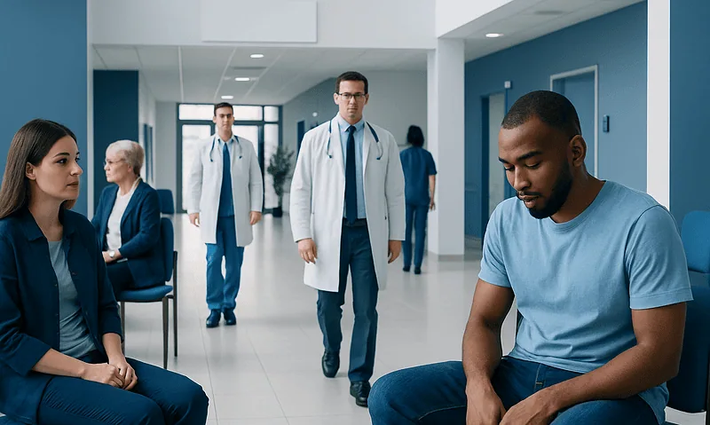 Patient with ingrown hair on penis in a hospital consultation room.