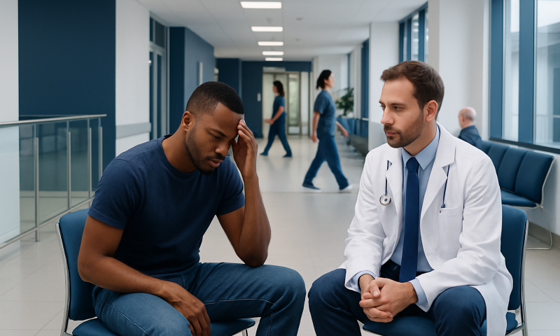 Patient distressed during consultation with doctor in hospital corridor.