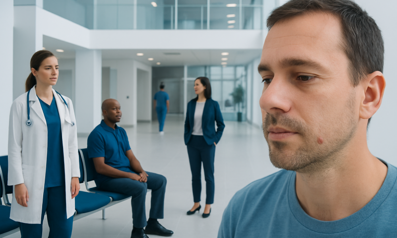 Patient with ingrown hair waiting in a hospital corridor.