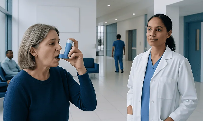 Patient using inhaler with healthcare professional in hospital corridor.