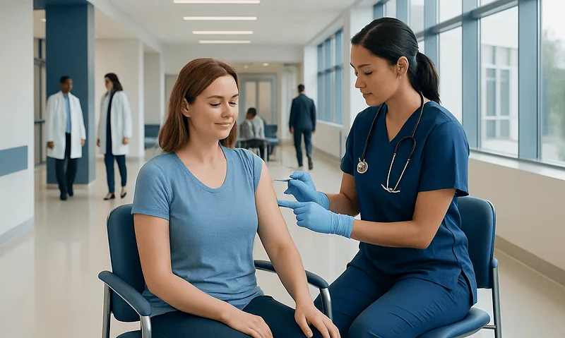 Nurse administering flu shot to young woman in hospital corridor.