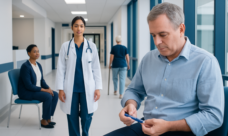 Patient using smartphone in hospital corridor with medical staff nearby.