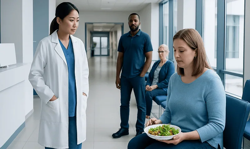 Doctor and patient in hospital corridor with visitors.