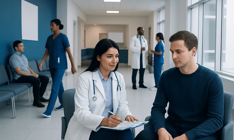 Doctor consulting with a patient in a modern hospital corridor.