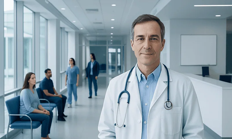 Experienced doctor in hospital corridor with patients waiting.