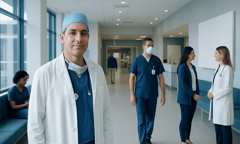 Medical team at a hospital, including a doctor in the foreground and staff in the background.