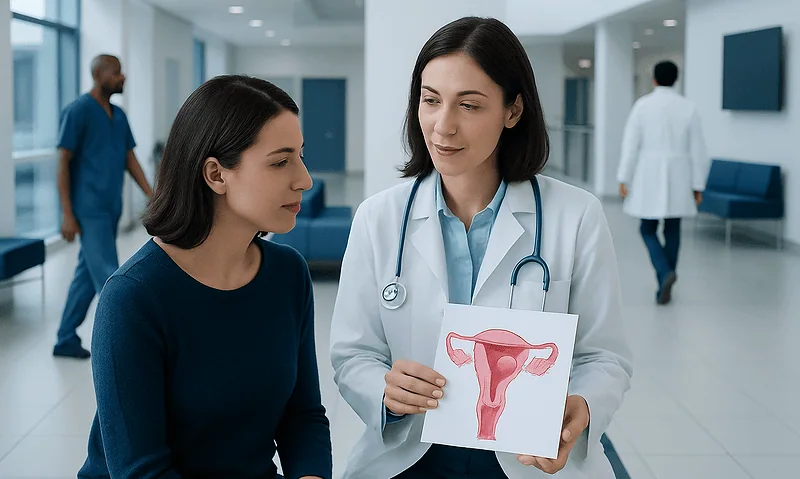 Gynecologist explaining uterine health with patient in hospital corridor.