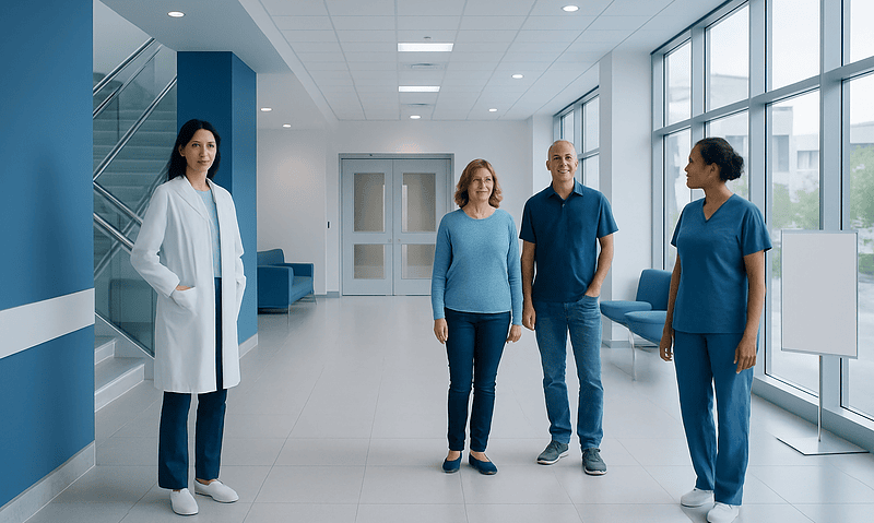 Medical professionals and patient in a modern hospital corridor.