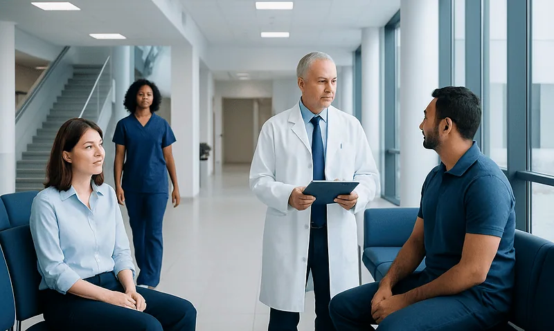 Doctor consulting with patient and medical staff in hospital corridor.