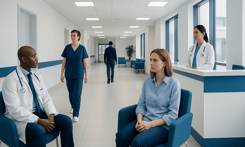 Iron Saturation Low: Normal Ranges, High and Low Results Explained 15 Medical consultation in a modern hospital corridor with healthcare professionals and patients.