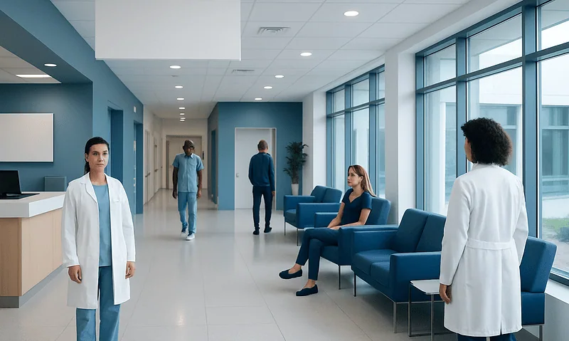 Modern hospital waiting area with medical staff and patients.