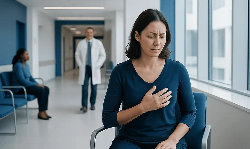 Woman experiencing breast discomfort in a hospital waiting area.