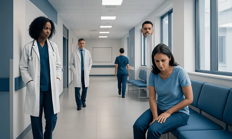 Patient experiencing discomfort in hospital corridor with medical staff nearby.