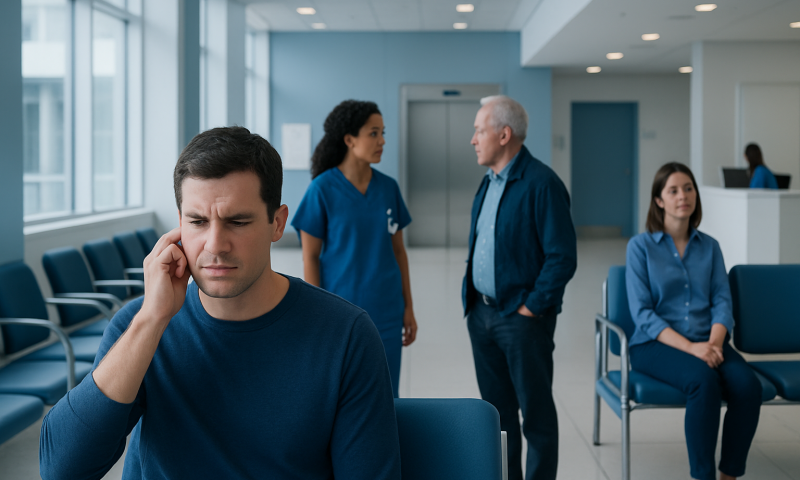 Patient experiencing ear discomfort in a hospital waiting area.