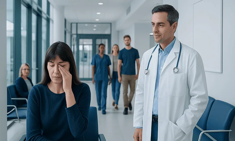 Patient experiencing eye discomfort in a hospital corridor.