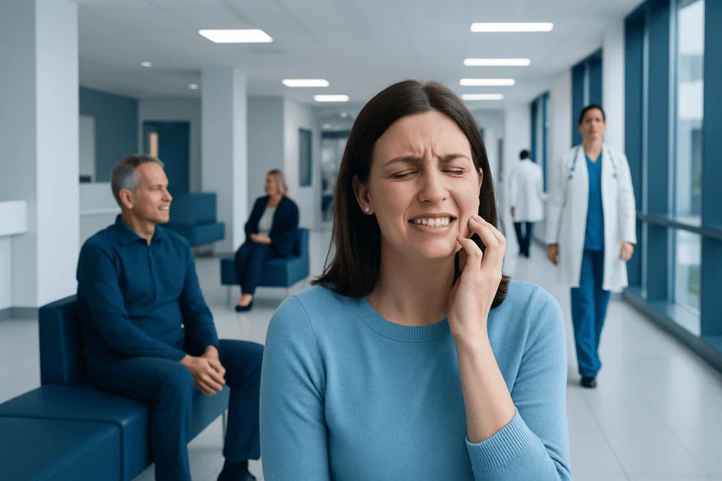 Itchy Face Explained: Common Triggers and Red Flags 1 Woman experiencing facial discomfort in a hospital waiting area.