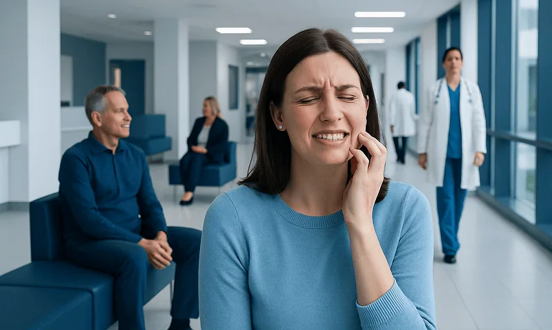 Woman experiencing facial discomfort in a hospital waiting area.