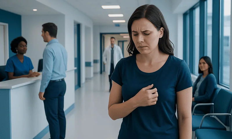 Itchy Nipple: Common Causes, Related Conditions, and When to See a Doctor 3 Woman experiencing discomfort in hospital corridor.