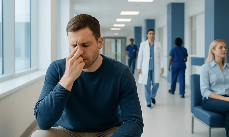 Man with headache in hospital corridor, healthcare staff in background.