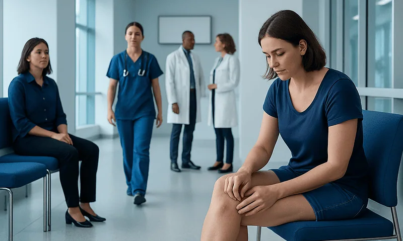Woman with leg itchiness in a hospital waiting room.
