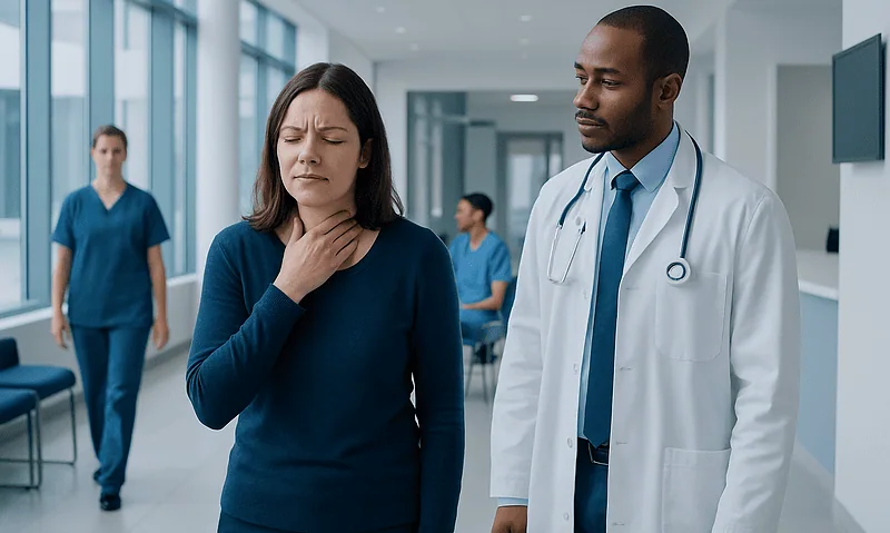 Patient experiencing sore throat in hospital corridor with medical staff nearby.