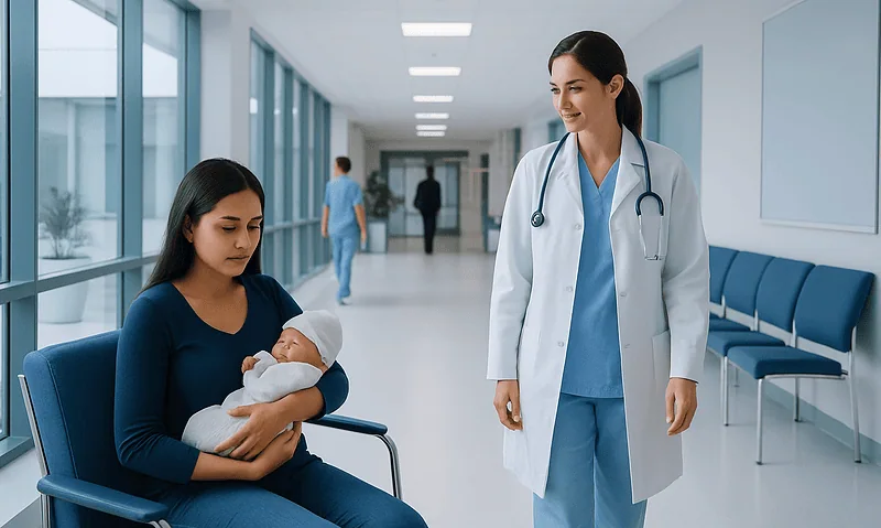 Mother with newborn in hospital corridor, doctor nearby, healthcare setting.