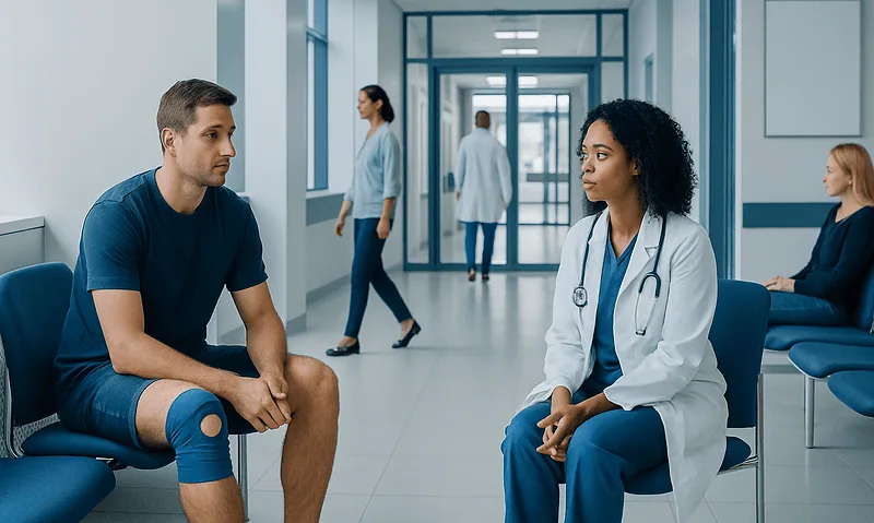 Doctor consulting with a young male patient in a hospital corridor.