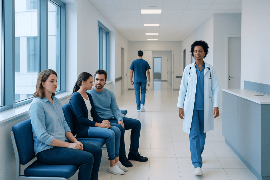 LH Surge: An Evidence-Based Guide for Patients 1 Patients waiting in a hospital corridor with a healthcare professional approaching.