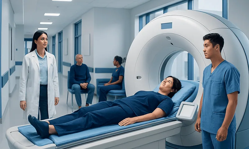 Patient undergoing MRI scan in a hospital setting with medical staff present.