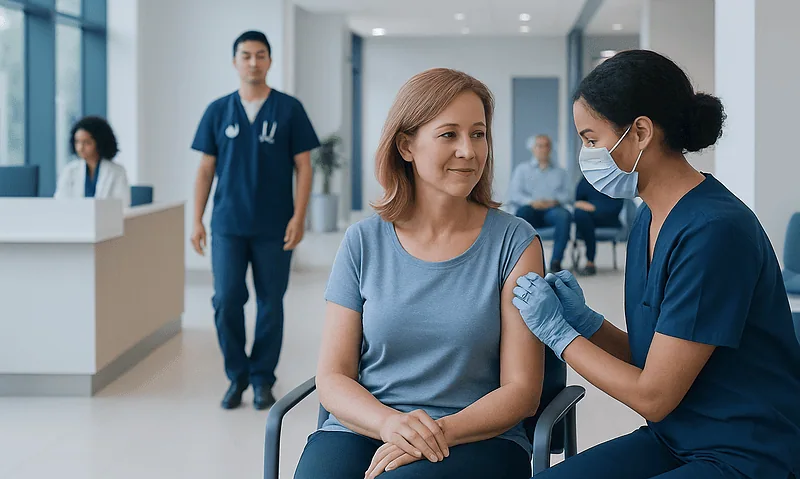 Patient receiving a vaccine shot from a healthcare professional in a hospital.