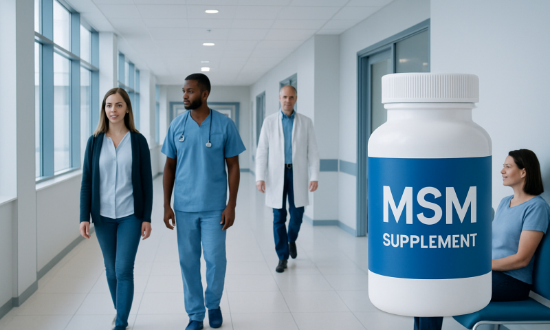 Healthcare professionals walking in hospital corridor with MSM supplement bottle in foreground.