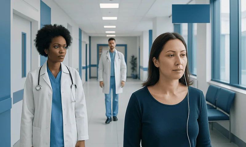 Medical team in hospital corridor with patient wearing a headset.