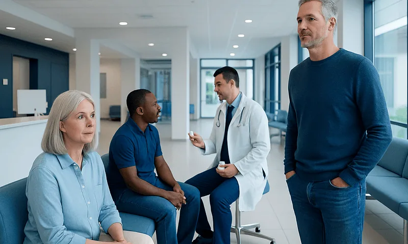 Doctor consulting with elderly woman and two men in hospital waiting area.
