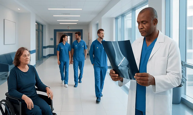 Doctor reviewing X-ray with patient in hospital corridor.