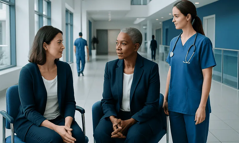 Healthcare professionals discussing patient care in a hospital corridor.