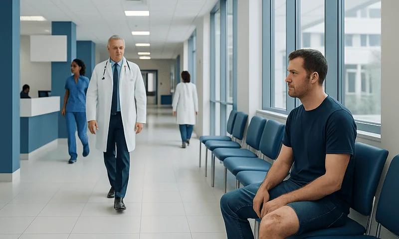 Patient waiting in hospital corridor with medical staff nearby.