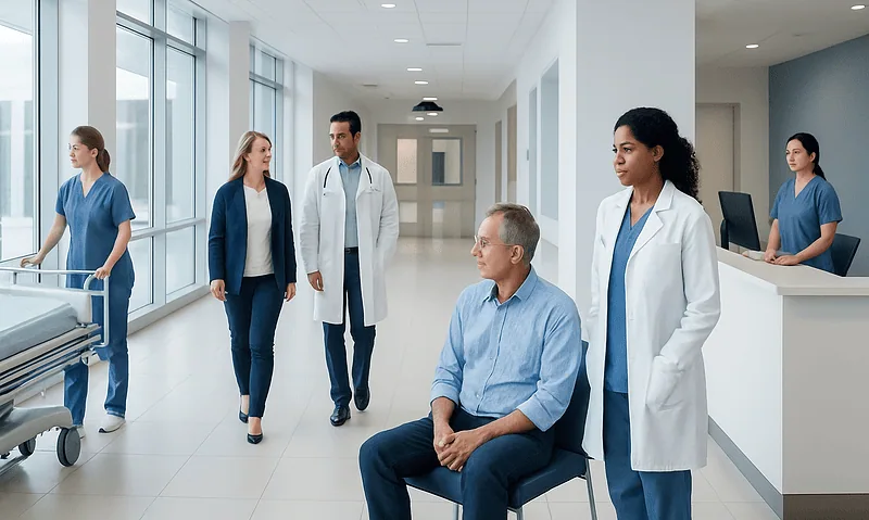 Medical team and patient in a modern hospital corridor at Acibadem Hospitals Group.