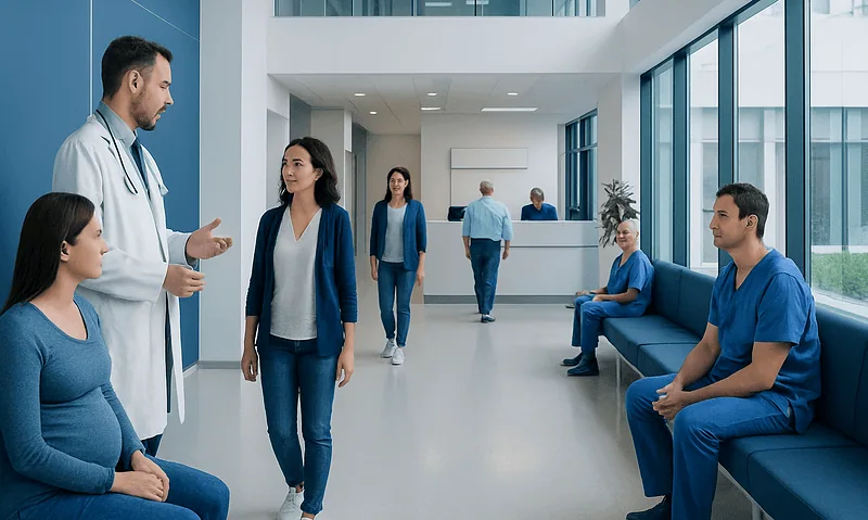 Medical staff and patients in a modern hospital corridor.