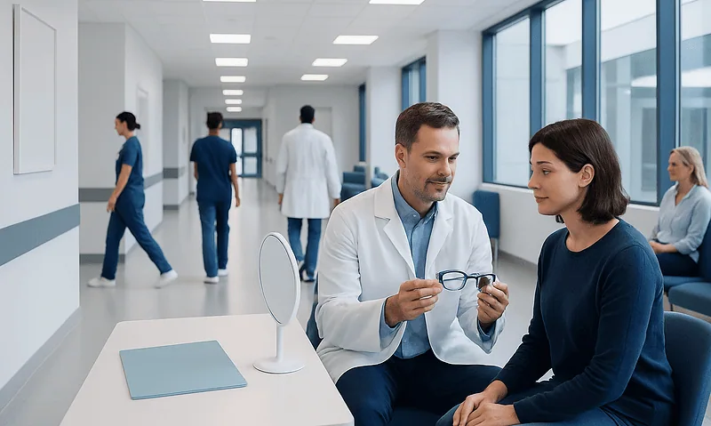 Optician consulting with patient in a modern hospital waiting area.