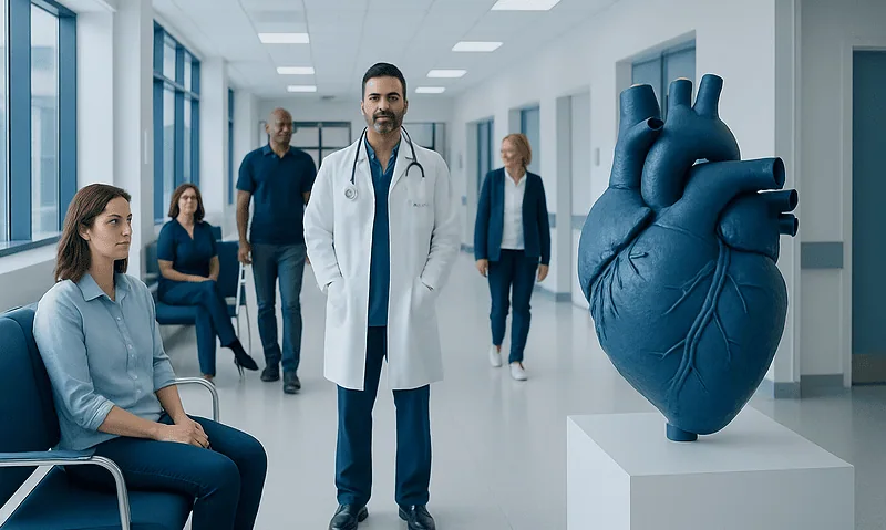 Organ: What Patients Need to Know 13 Medical team examining a large anatomical heart model in hospital corridor.